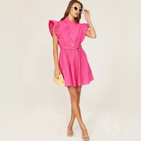 DEREK LAM 10 CROSBY Finn Pink Belted Ruffled Cotton-Poplin Mini Dress Size EU 44 - Picture 1 of 13